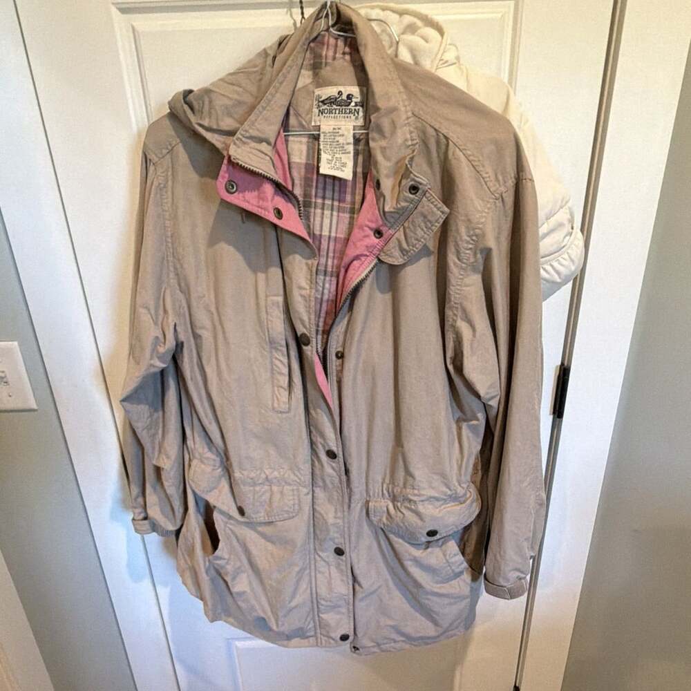 Northern Reflections Women’s Hooded Parka Jacket M Beige/Pink Plaid Mid-Length